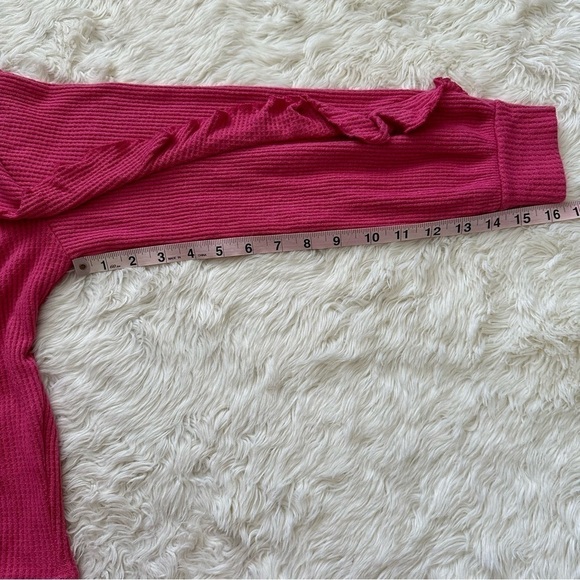 Anthropologie Pilcro Top Ruffled V-Neck Shirt Waffle Knit Raspberry Pink L - Picture 12 of 12